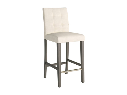 Beige fabric bar height stool with cushioned seat, dark wood legs, and footrest. Ideal for kitchen islands or home bars, this modern stool features a comfortable design and neutral color to match various decor styles.