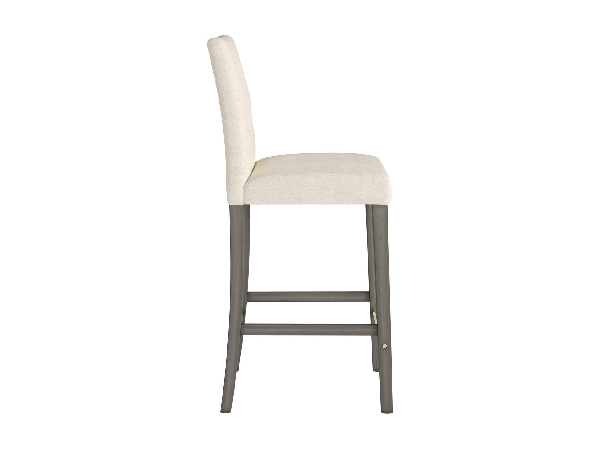 Beige fabric bar height stool with cushioned seat, dark wood legs, and footrest. Ideal for kitchen islands or home bars, this modern stool features a comfortable design and neutral color to match various decor styles.