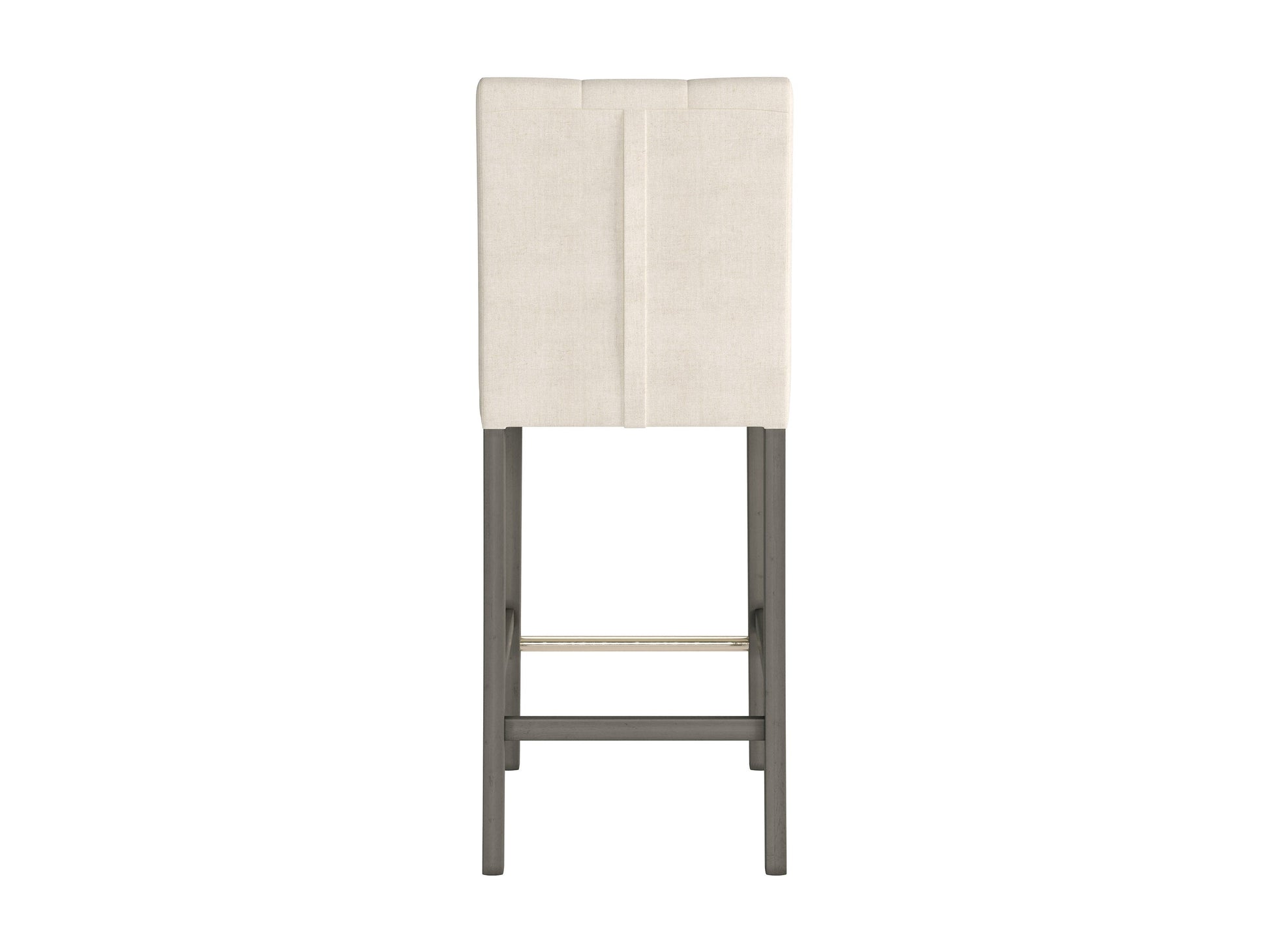 Beige fabric bar height stool with cushioned seat, dark wood legs, and footrest. Ideal for kitchen islands or home bars, this modern stool features a comfortable design and neutral color to match various decor styles.