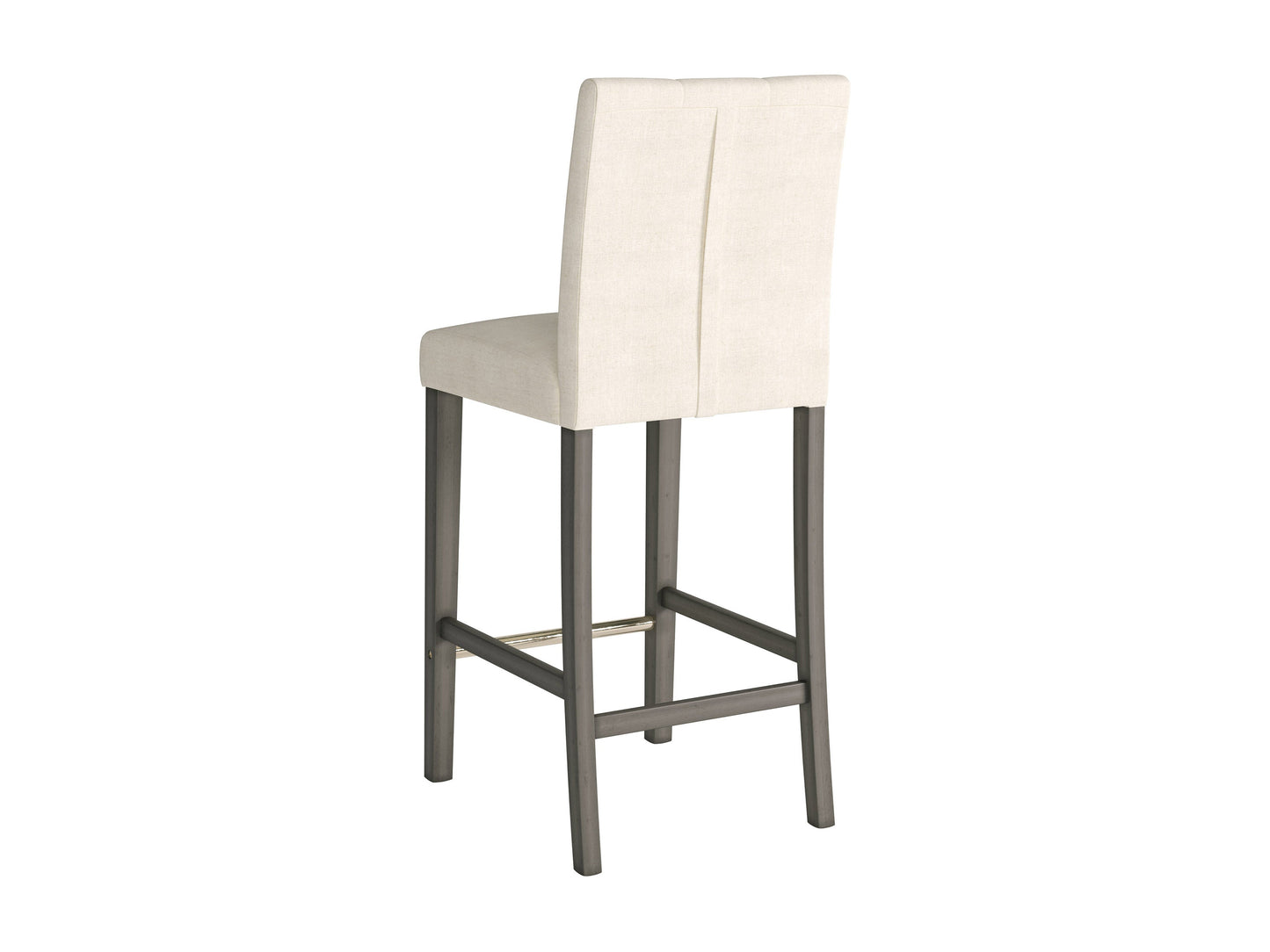Beige fabric bar height stool with cushioned seat, dark wood legs, and footrest. Ideal for kitchen islands or home bars, this modern stool features a comfortable design and neutral color to match various decor styles.