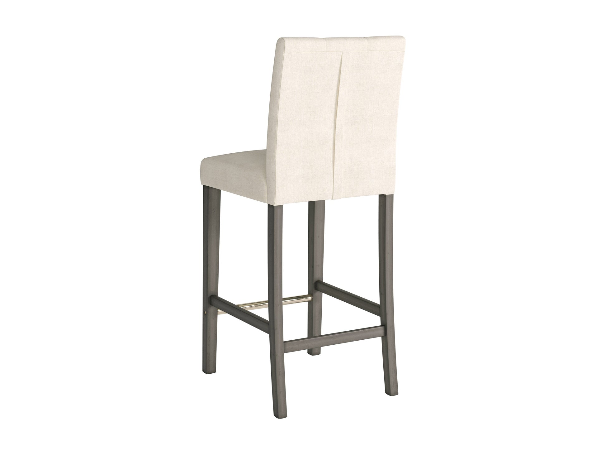 Beige fabric bar height stool with cushioned seat, dark wood legs, and footrest. Ideal for kitchen islands or home bars, this modern stool features a comfortable design and neutral color to match various decor styles.