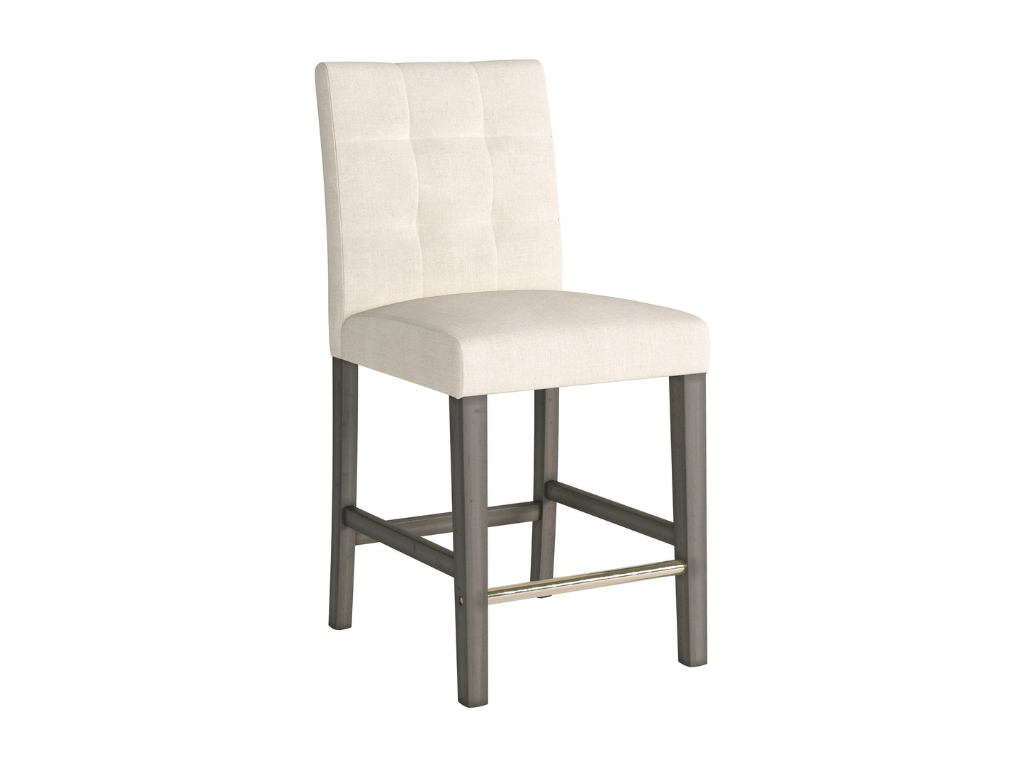 Beige fabric counter height bar stool with cushioned seat, dark wooden legs, and footrest. Ideal for kitchen islands and home bars. Modern design with a comfortable backrest and durable upholstery.