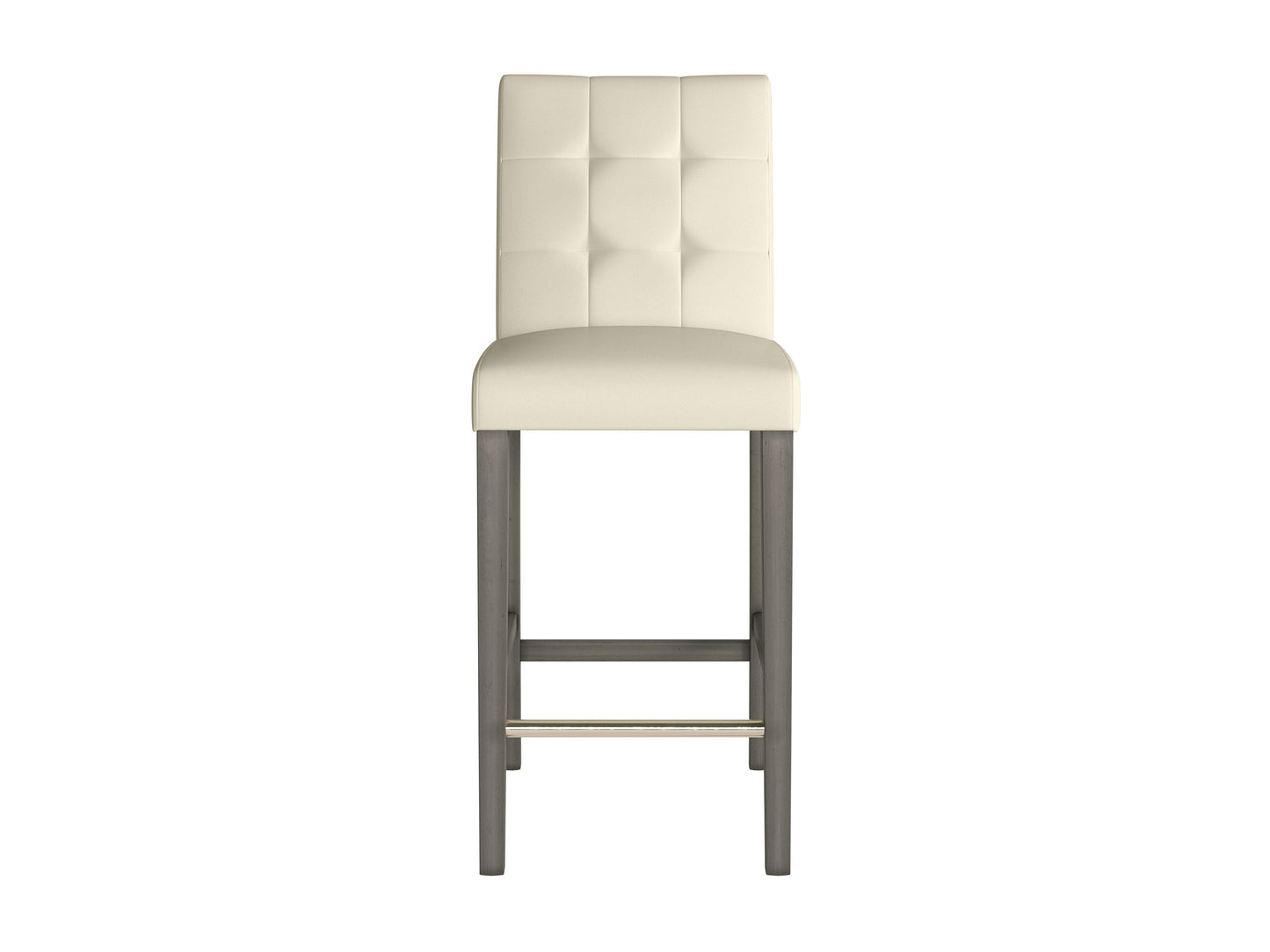 Warm white vegan leather bar height stool with sleek metal legs, cushioned seat, and backrest. Features modern design, durable materials, and comfortable padding for stylish and sustainable seating.