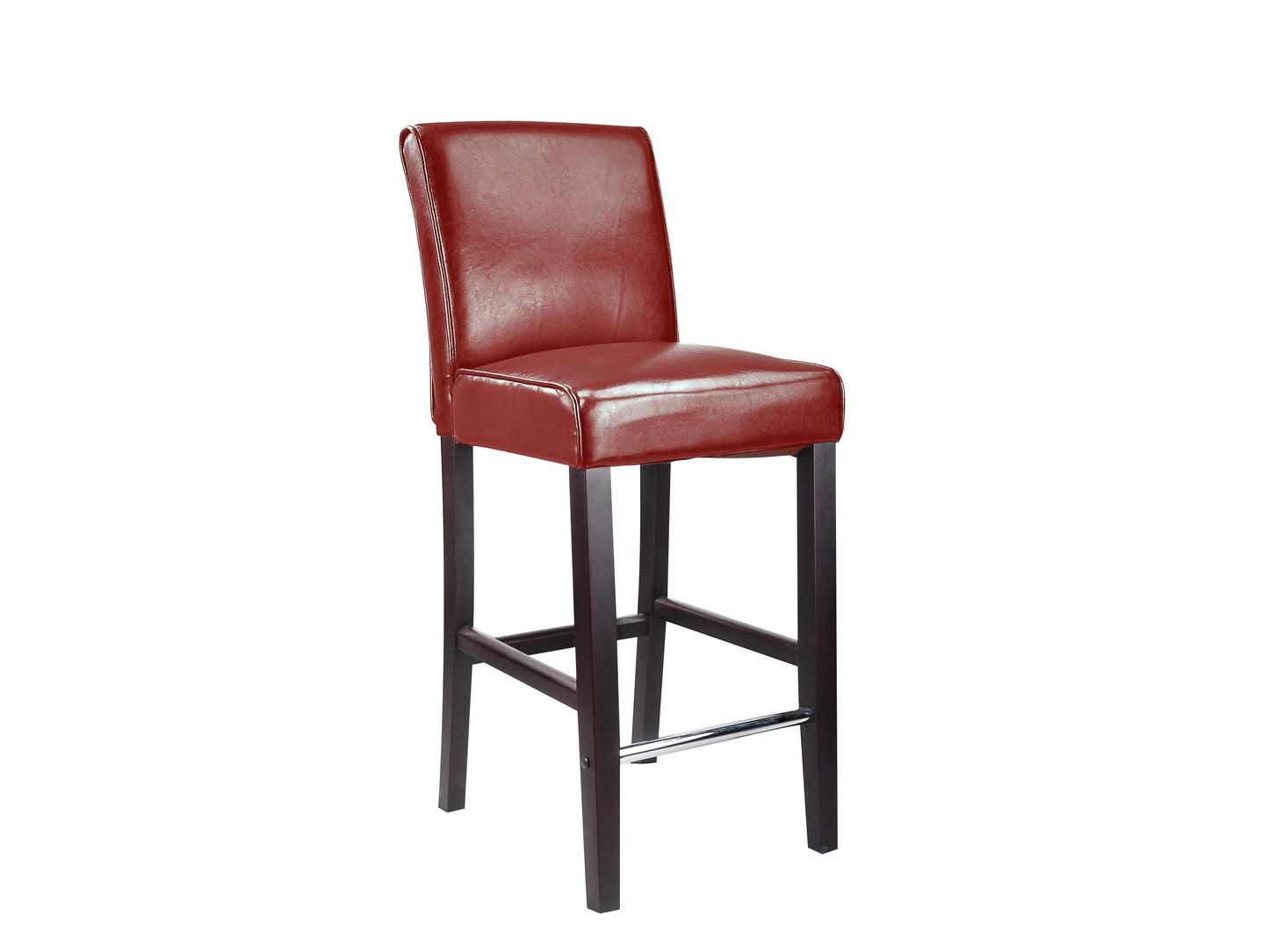 Red wooden bar stool with bar height, featuring a sleek, polished finish, sturdy four-legged base, and a comfortable round seat, ideal for kitchen islands, home bars, and dining areas.