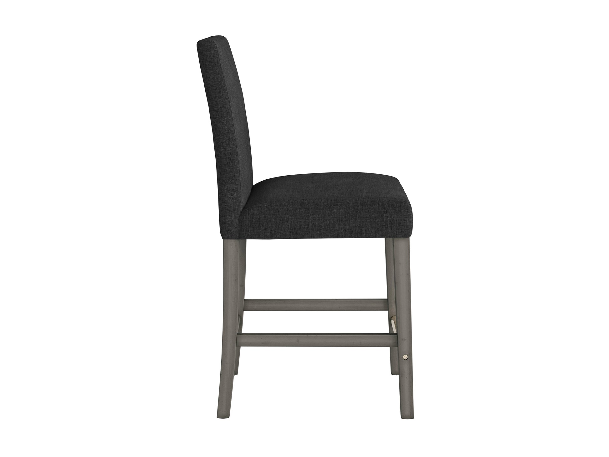 Dark grey fabric counter height bar stool with cushioned seat, sleek black metal legs, and footrest. Ideal for modern kitchens or bars, combining comfort and style with a minimalist design.