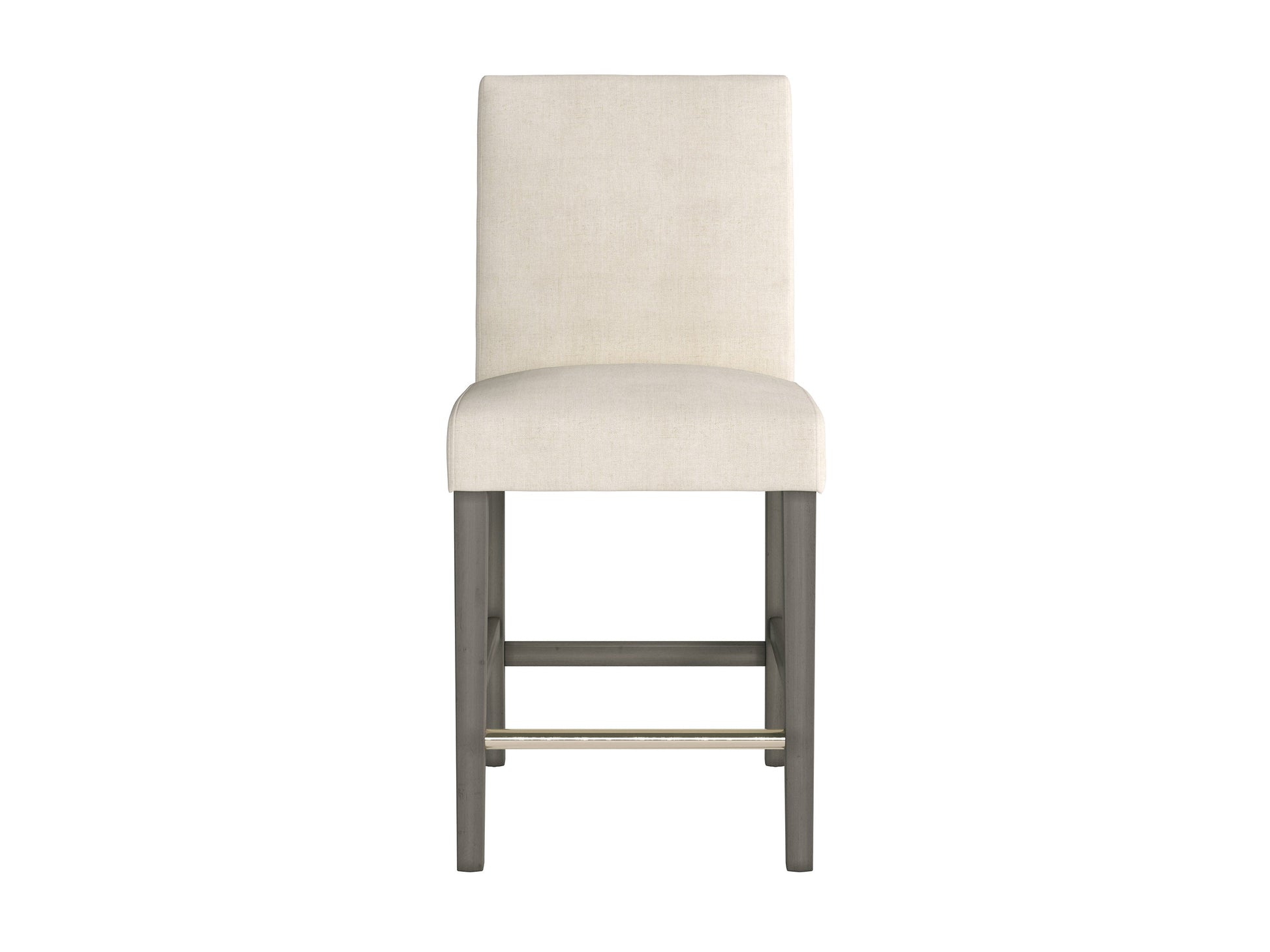 Beige fabric counter height bar stool with cushioned seat, dark wooden legs, and footrest. Ideal for kitchen islands and home bars. Modern design with a comfortable backrest and durable upholstery.