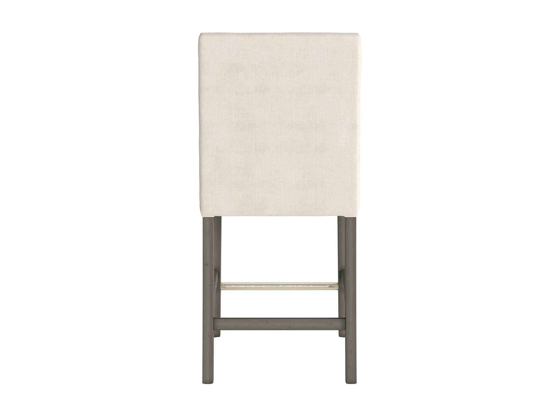 Beige fabric counter height bar stool with cushioned seat, dark wooden legs, and footrest. Ideal for kitchen islands and home bars. Modern design with a comfortable backrest and durable upholstery.