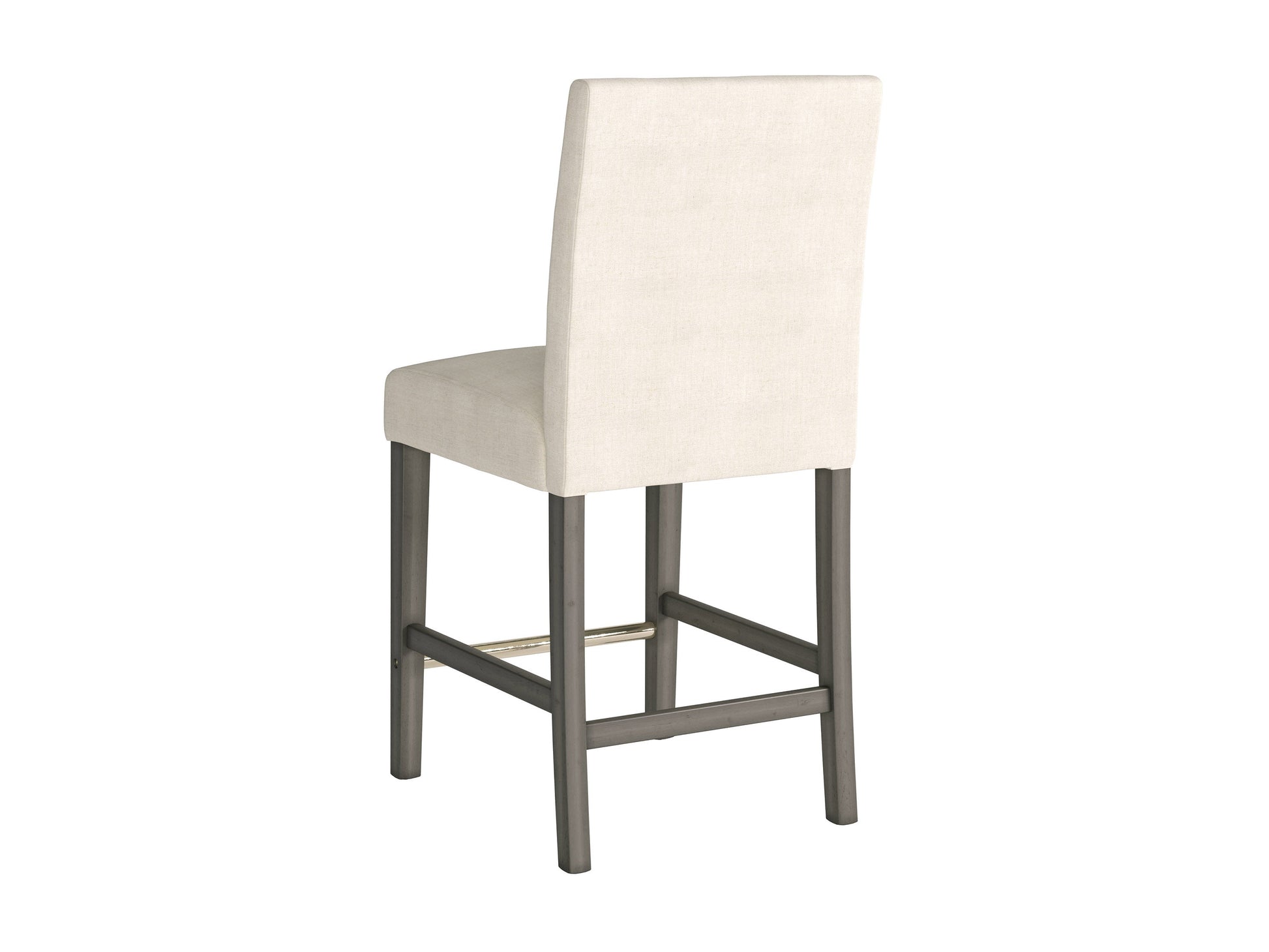Beige fabric counter height bar stool with cushioned seat, dark wooden legs, and footrest. Ideal for kitchen islands and home bars. Modern design with a comfortable backrest and durable upholstery.