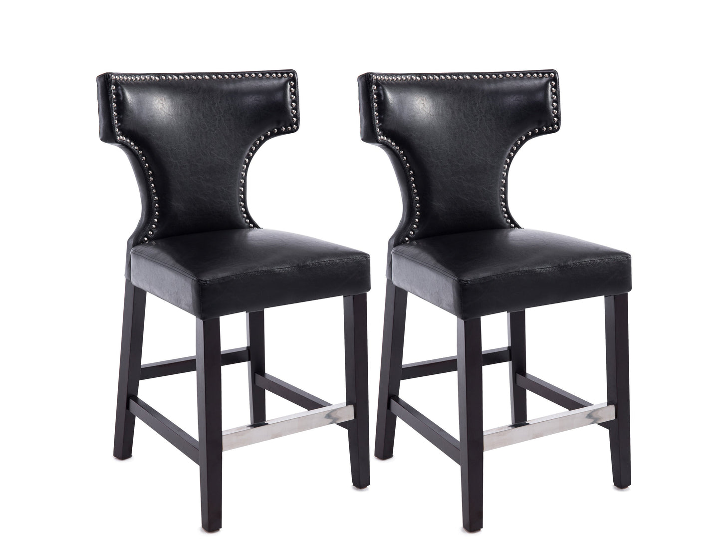 Black counter height bar stools, set of 2, featuring sleek metal frames, cushioned seats in faux leather, and footrests for added comfort. Ideal for modern kitchens, home bars, or dining areas.