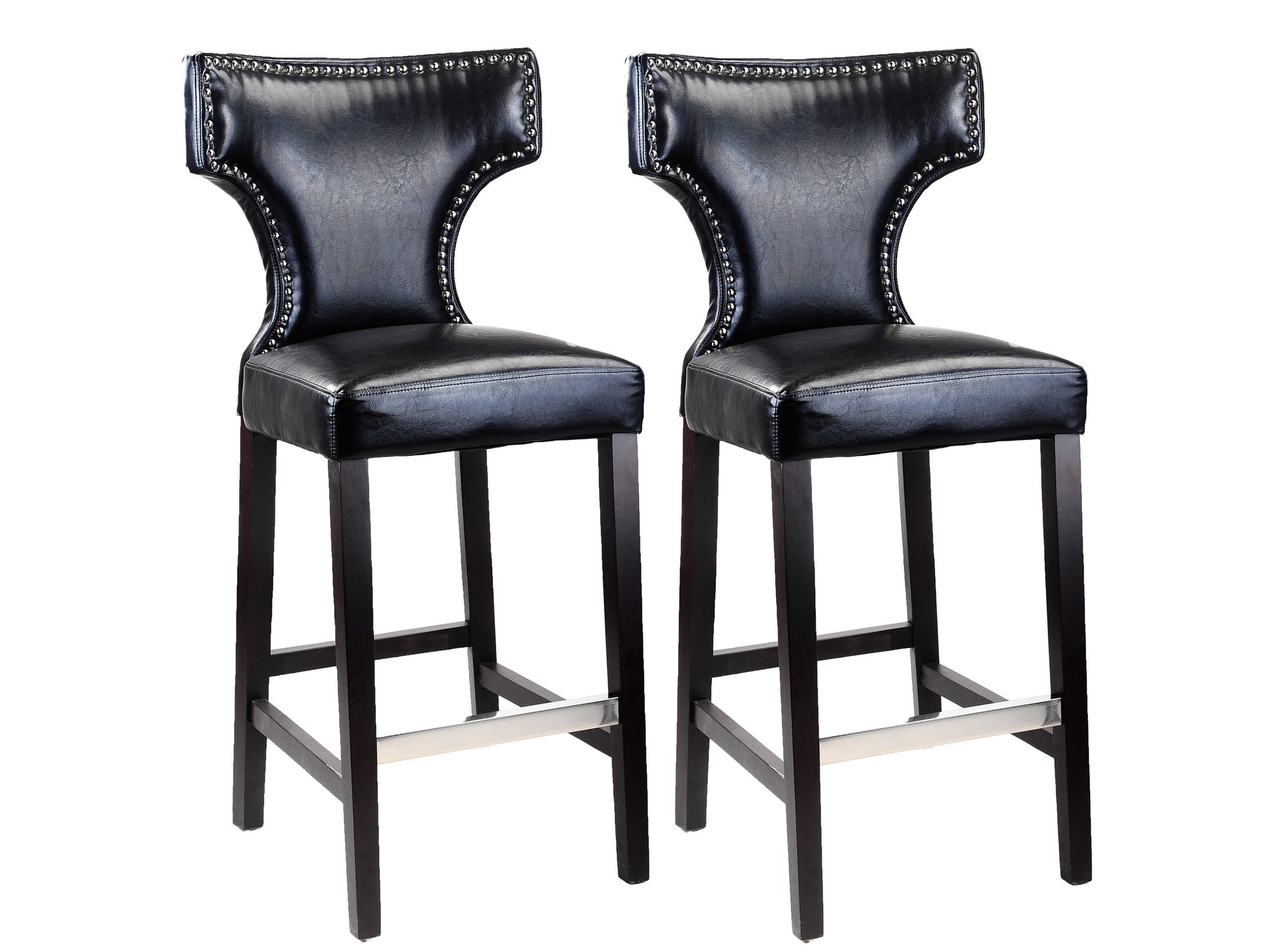 Set of 2 black bar height bar stools with sleek metal frames, cushioned seats, and footrests. Modern design with durable materials ideal for kitchen islands or home bars.