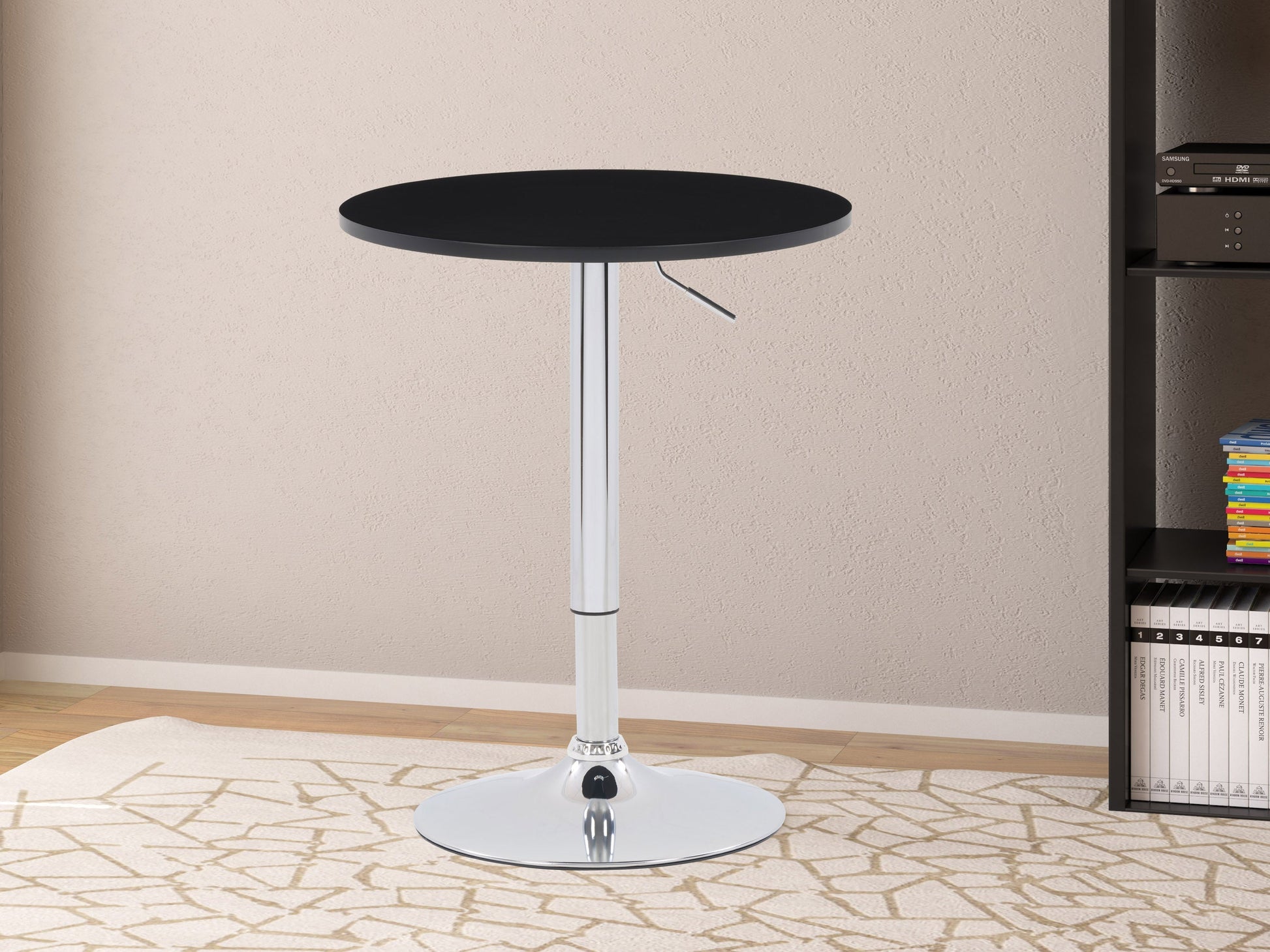 Black adjustable height round bar table with sleek metal base, smooth black tabletop, and modern design. Ideal for home bars, kitchen islands, or entertainment areas. Durable and stylish for contemporary decor.