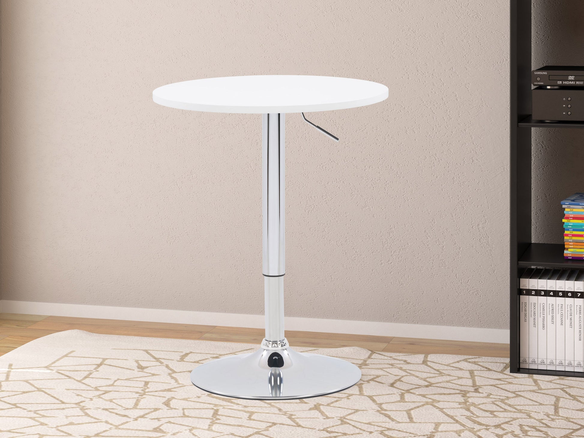 White round adjustable height bar table with sleek metal base and footrest, modern design, smooth surface, and versatile for kitchen, dining, or bar areas.
