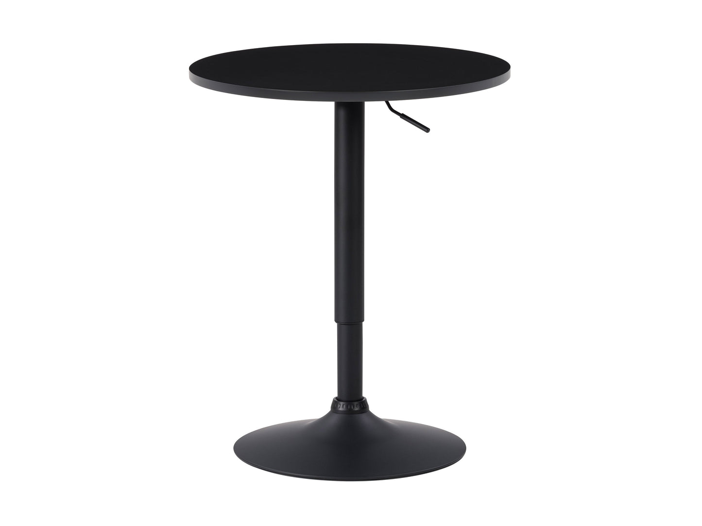 Black adjustable height bar table with round top and sturdy metal base, featuring a sleek modern design, perfect for home bars or kitchen islands.
