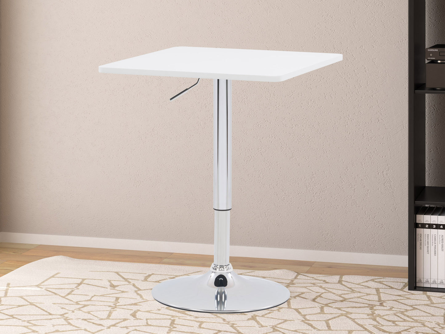 Sleek white adjustable height square bar table with chrome base, modern design, smooth finish, perfect for kitchen or bar area.