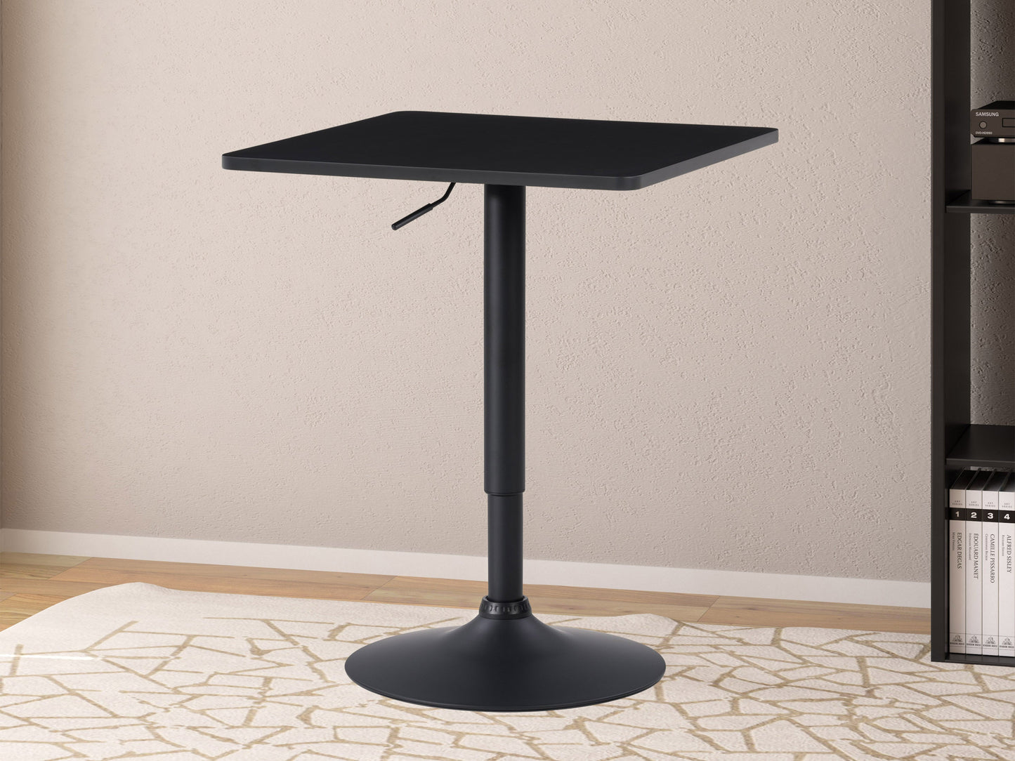 Adjustable height bar table with a square black top and sleek metal frame, featuring a modern design, sturdy construction, and smooth finish, perfect for contemporary kitchen or home bar settings.