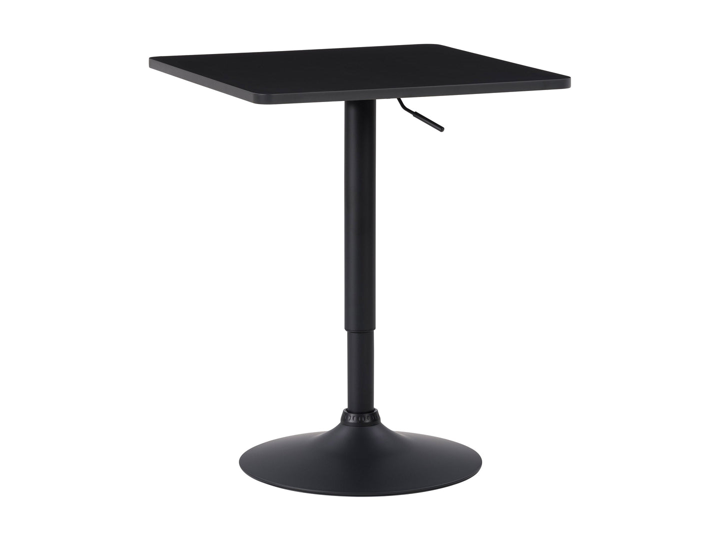 Adjustable height bar table with a square black top and sleek metal frame, featuring a modern design, sturdy construction, and smooth finish, perfect for contemporary kitchen or home bar settings.