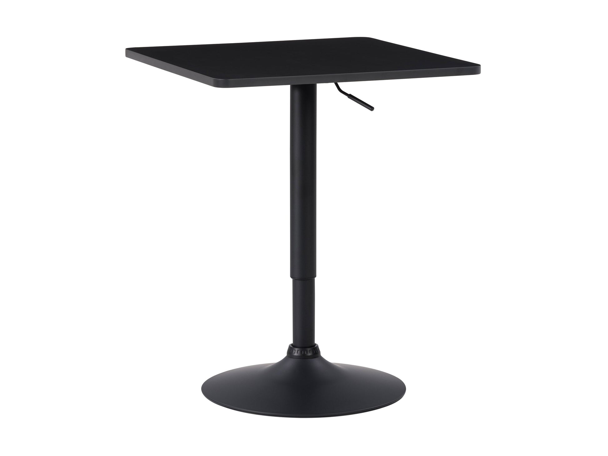 Adjustable height bar table with a square black top and sleek metal frame, featuring a modern design, sturdy construction, and smooth finish, perfect for contemporary kitchen or home bar settings.