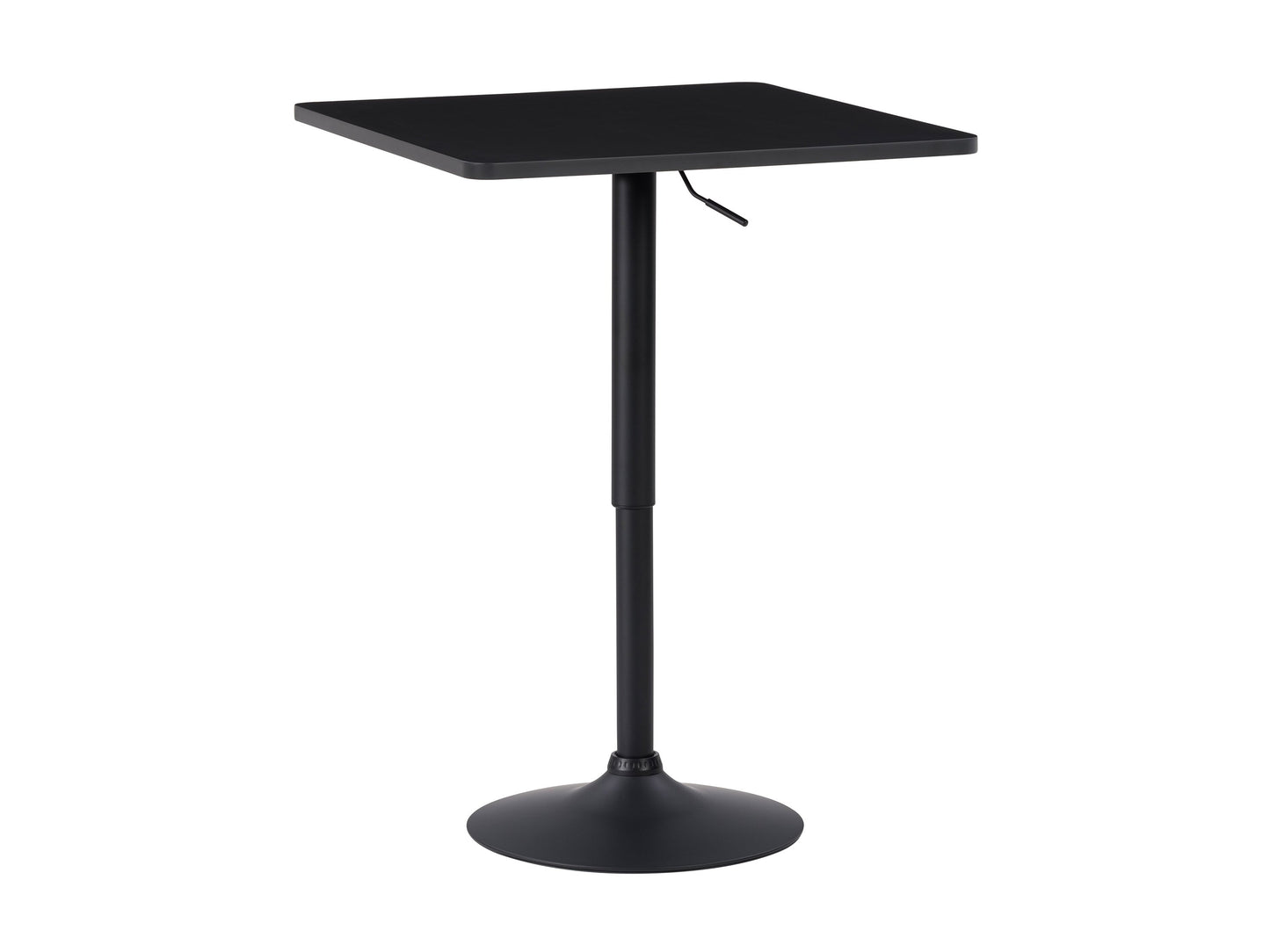 Adjustable height bar table with a square black top and sleek metal frame, featuring a modern design, sturdy construction, and smooth finish, perfect for contemporary kitchen or home bar settings.