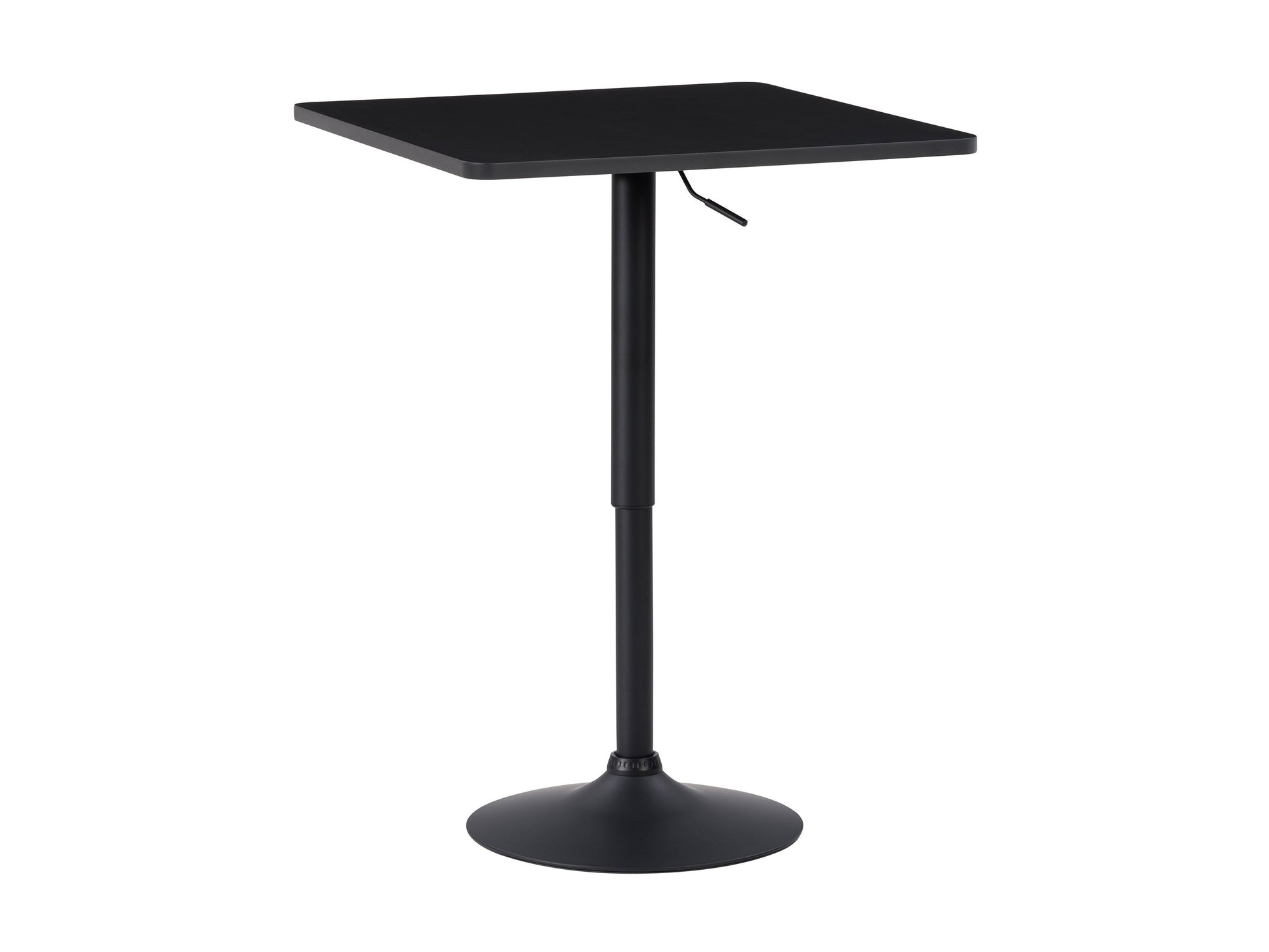 Adjustable height bar table with a square black top and sleek metal frame, featuring a modern design, sturdy construction, and smooth finish, perfect for contemporary kitchen or home bar settings.