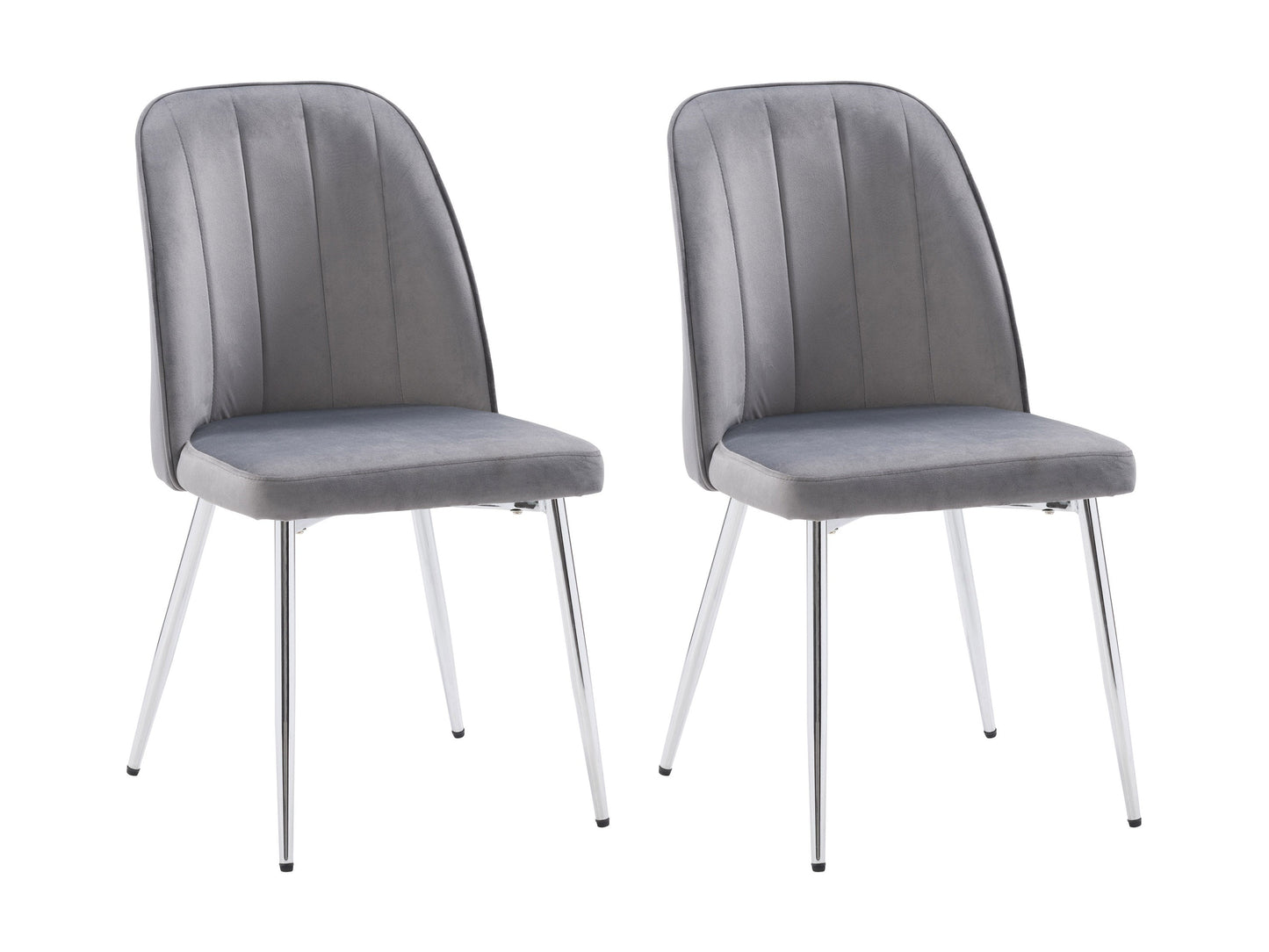 Grey velvet dining room chairs, set of 2, featuring sleek metal legs, plush upholstery, and a modern design. Ideal for contemporary dining spaces, these chairs offer both comfort and style.