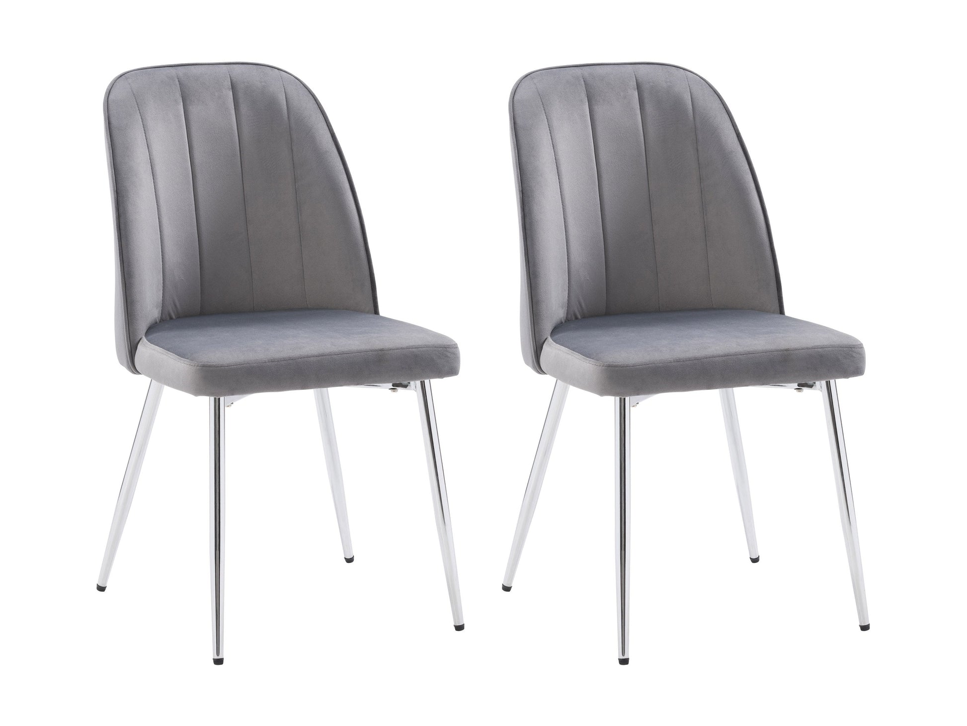 Grey velvet dining room chairs, set of 2, featuring sleek metal legs, plush upholstery, and a modern design. Ideal for contemporary dining spaces, these chairs offer both comfort and style.