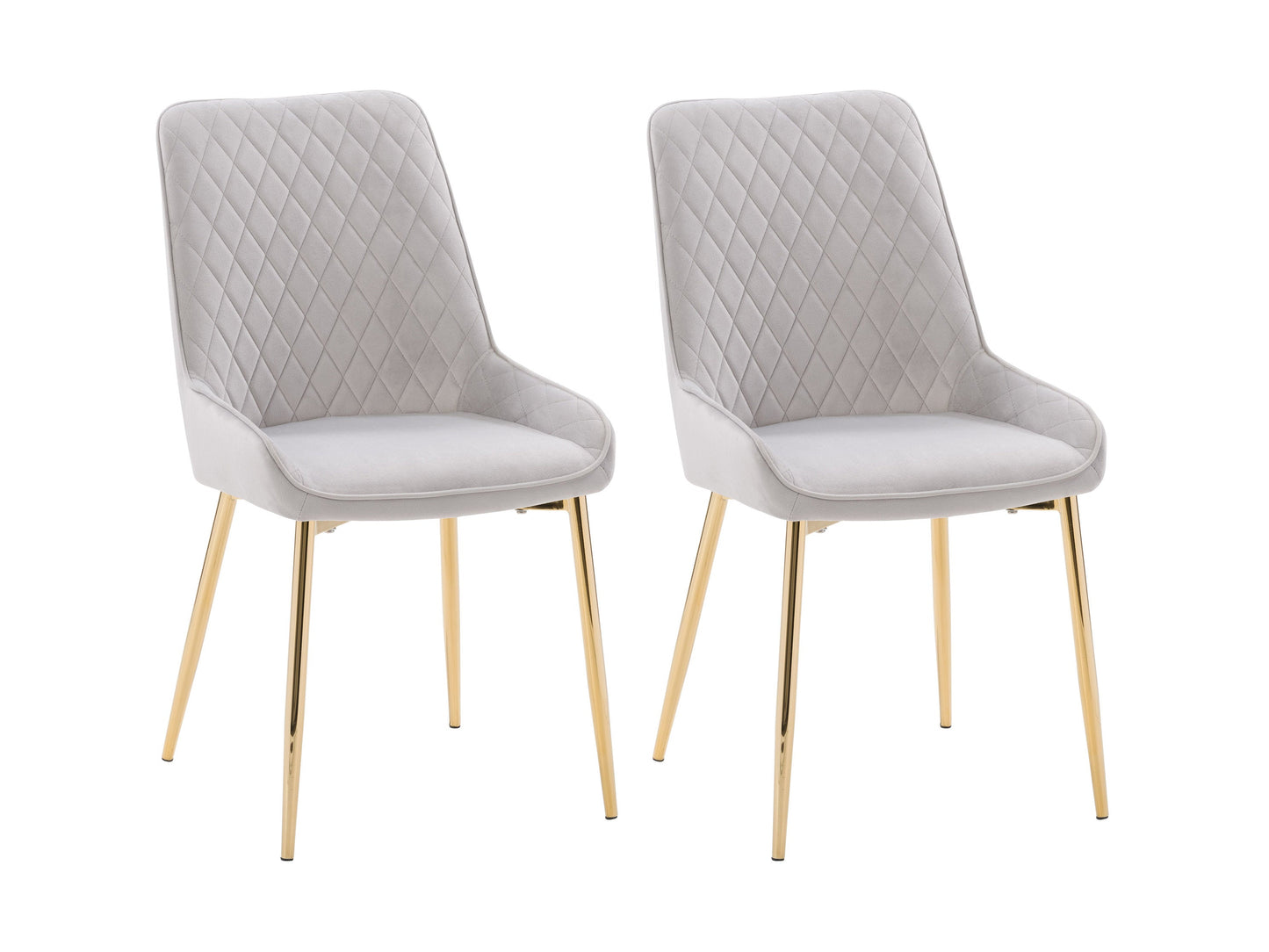 Light grey velvet dining chairs, set of 2, with tufted backrest, gold metal legs, and contemporary design. Perfect for modern dining rooms or kitchens. Luxurious and elegant seating solution.