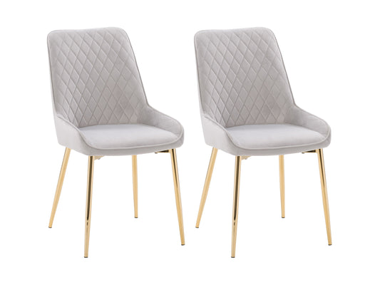 Light grey velvet dining chairs, set of 2, with tufted backrest, gold metal legs, and contemporary design. Perfect for modern dining rooms or kitchens. Luxurious and elegant seating solution.