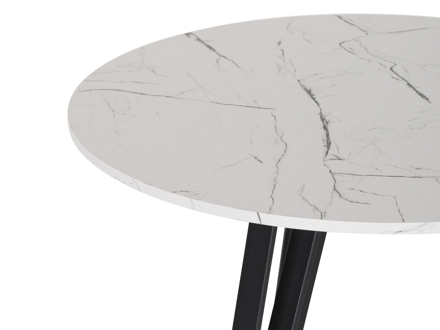 Small round dining table with a white marble top and sleek black metal legs, ideal for modern dining rooms.