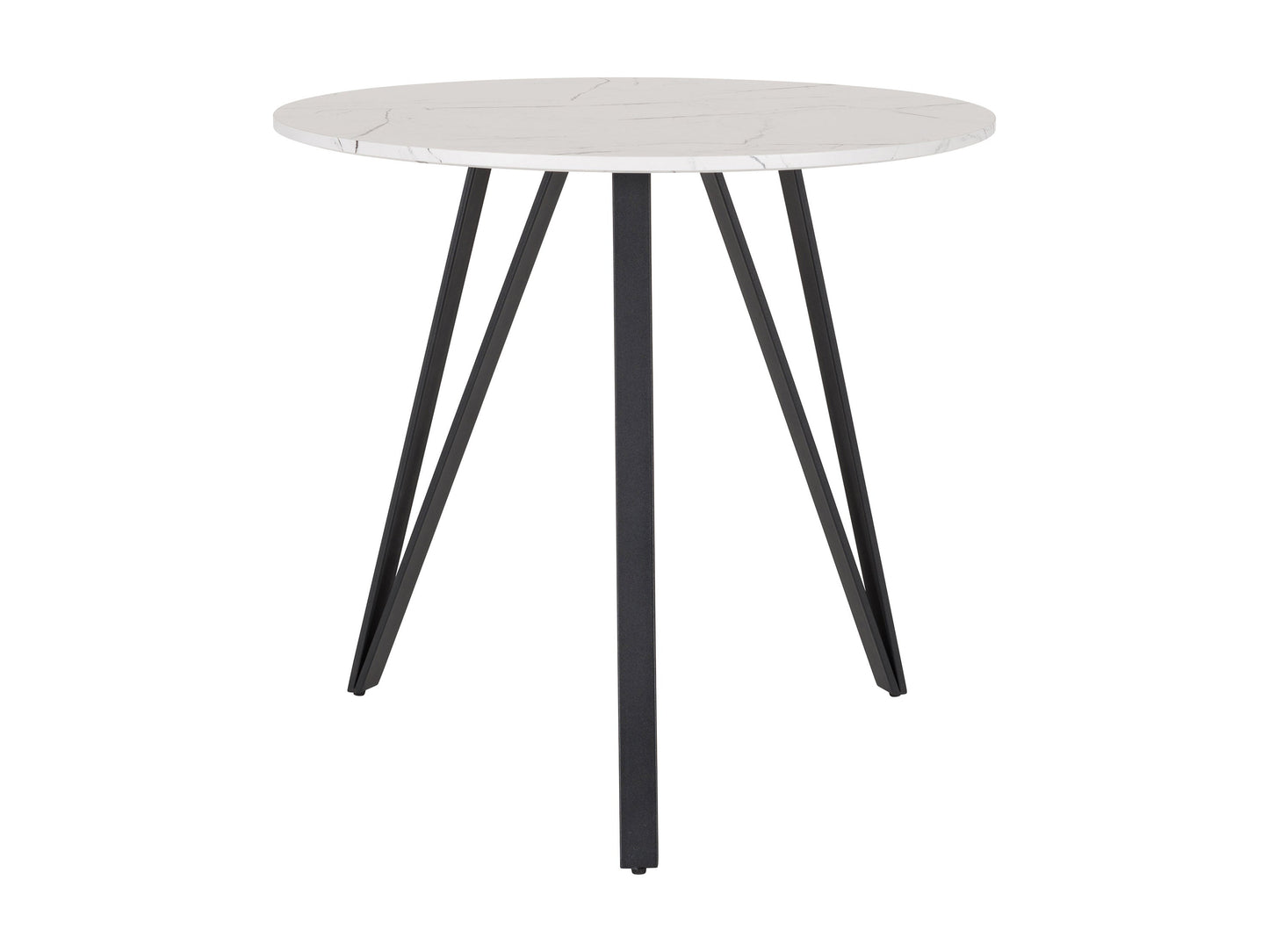 Small round dining table with a white marble top and sleek black metal legs, ideal for modern dining rooms.