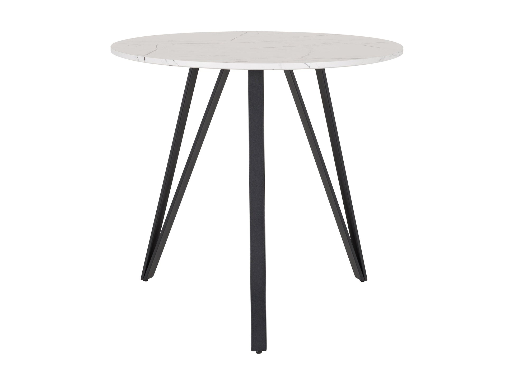 Small round dining table with a white marble top and sleek black metal legs, ideal for modern dining rooms.