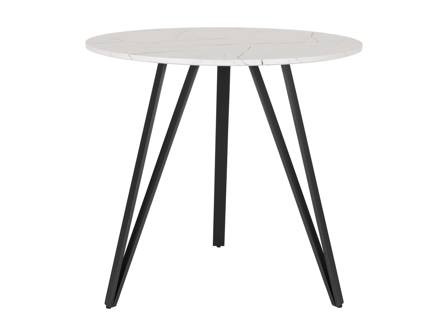 Small round dining table with a white marble top and sleek black metal legs, ideal for modern dining rooms.