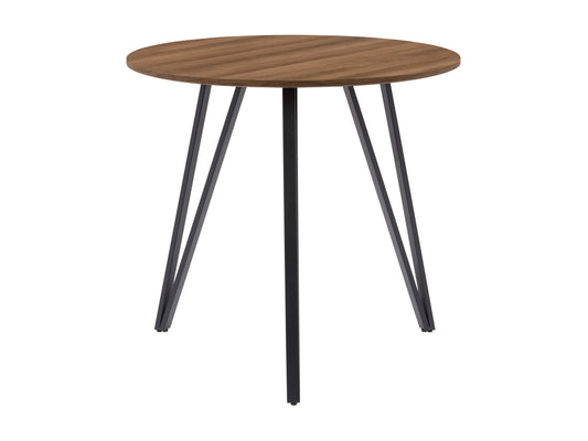 Small round dining table in rich brown wood finish, featuring sleek modern design with sturdy legs and smooth tabletop, perfect for compact dining spaces and contemporary interiors.