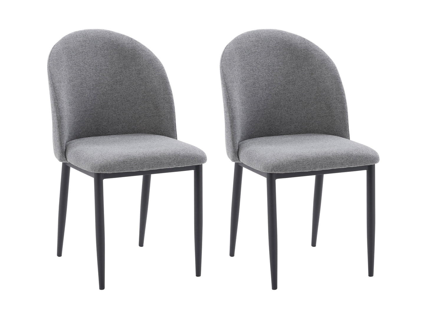 Set of 2 grey curved dining chairs with plush upholstery, sleek metal legs, and modern design, perfect for contemporary dining rooms, offering comfort and style with a minimalist aesthetic.