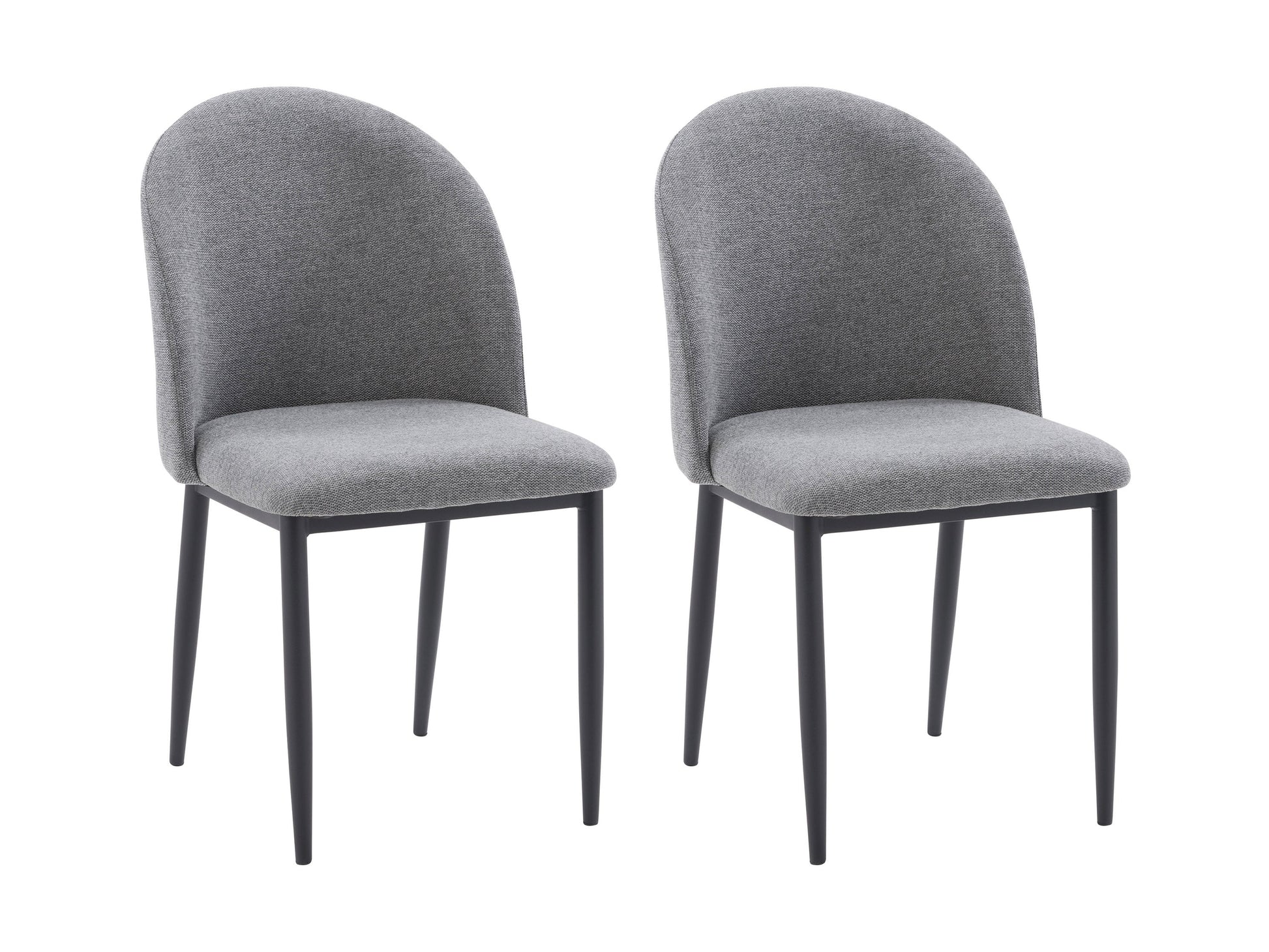 Set of 2 grey curved dining chairs with plush upholstery, sleek metal legs, and modern design, perfect for contemporary dining rooms, offering comfort and style with a minimalist aesthetic.