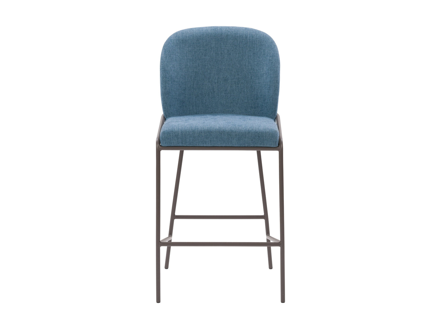 Blue modern bar stool with sleek metal legs, cushioned seat, and backrest. Features a minimalist design with a contemporary look, perfect for kitchen islands or home bars.