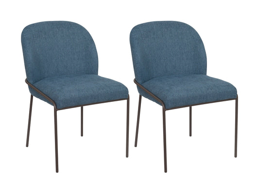 Set of 2 high back upholstered dining chairs in blue with wooden legs, featuring a soft fabric texture and sleek design, perfect for modern dining rooms.