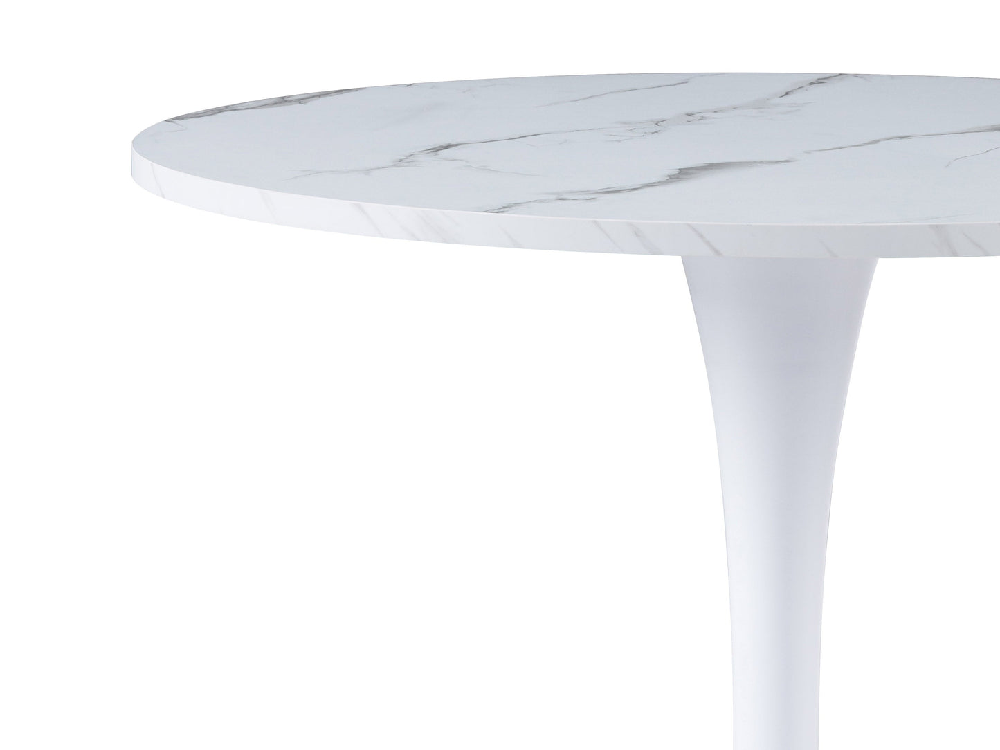 White marble round bistro table with elegant design and sturdy black metal base.