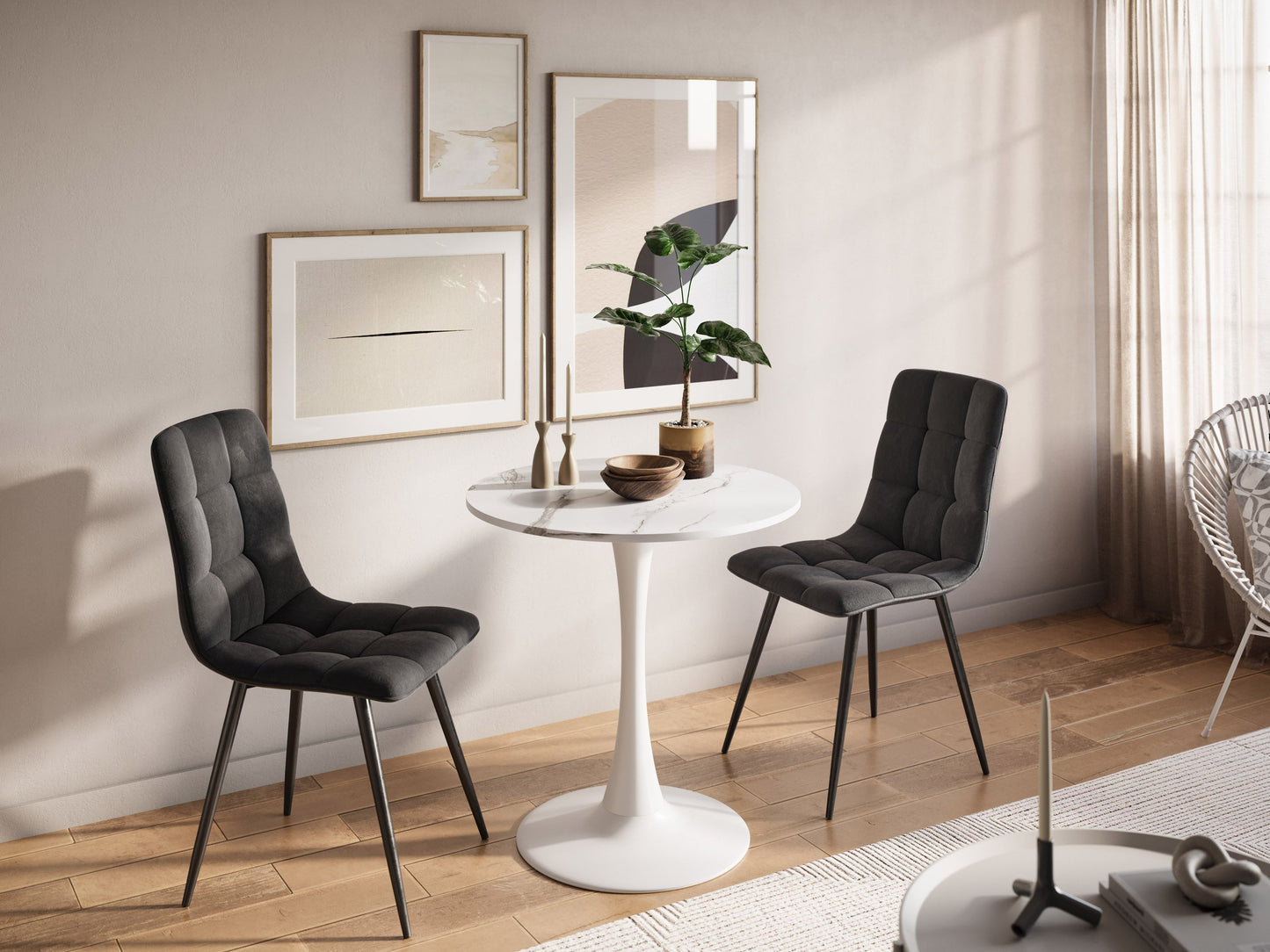 Round bistro table 28" with white marble top and sleek black metal legs, perfect for modern dining spaces.