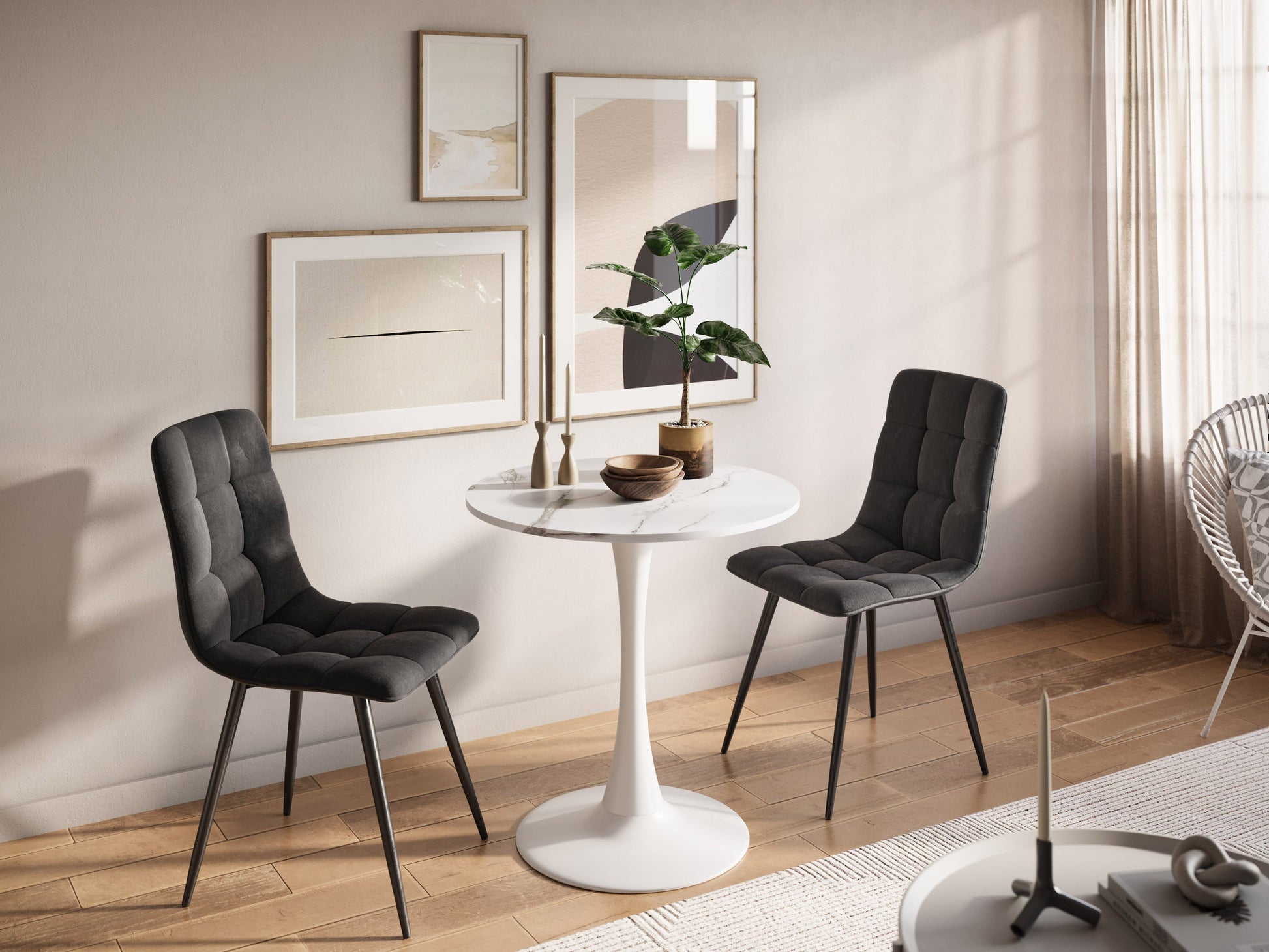 Round bistro table 28" with white marble top and sleek black metal legs, perfect for modern dining spaces.