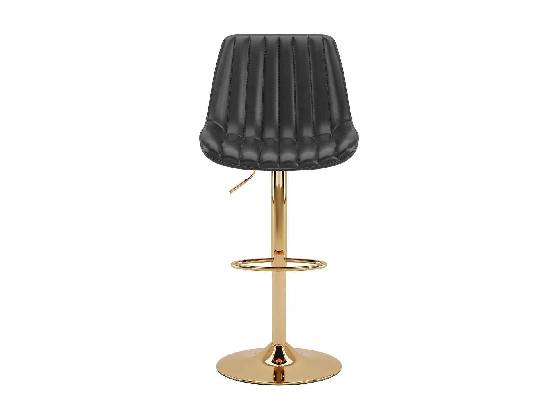 Gold adjustable bar stools set of 2 with black cushioned seats, sleek gold metal frames, footrests, and height adjustment feature, perfect for modern kitchens and home bars.