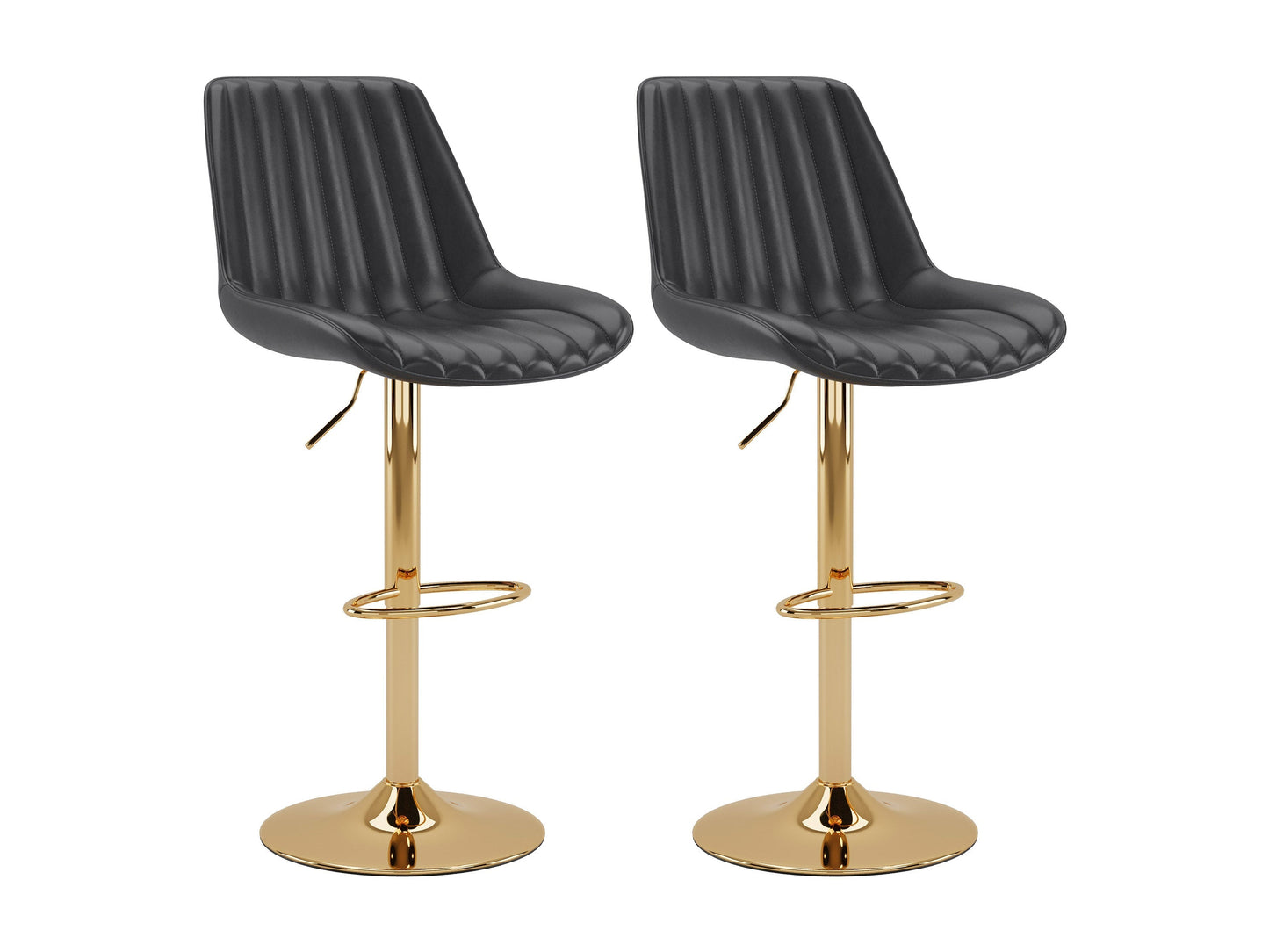 Gold adjustable bar stools set of 2 with black cushioned seats, sleek gold metal frames, footrests, and height adjustment feature, perfect for modern kitchens and home bars.