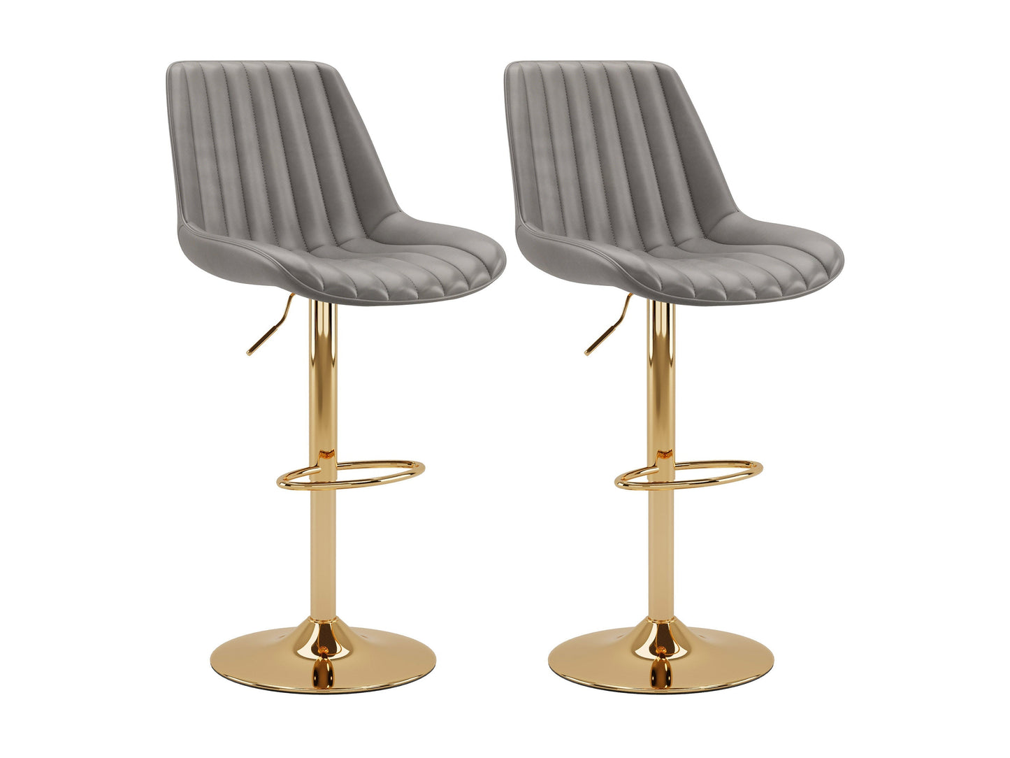 Alt Text: Set of 2 adjustable gold bar stools with grey cushioned seats, featuring sleek metal frames and footrests, perfect for modern kitchen or bar areas.