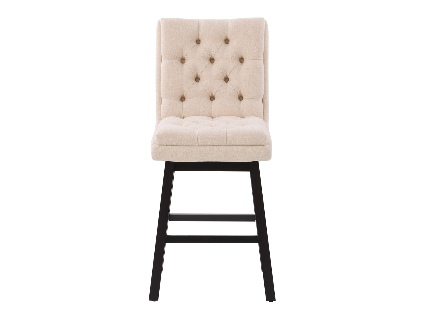 Beige button tufted bar stool with wooden legs, cushioned seat, and backrest. Upholstered in soft fabric, featuring a classic design ideal for kitchen islands or home bars.
