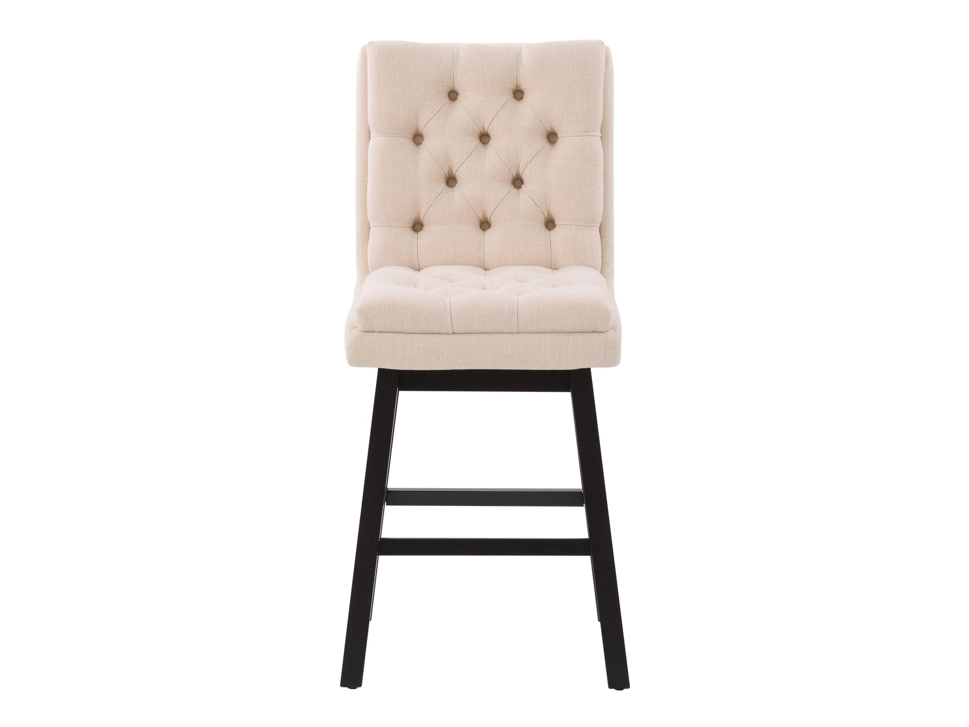 Beige button tufted bar stool with wooden legs, cushioned seat, and backrest. Upholstered in soft fabric, featuring a classic design ideal for kitchen islands or home bars.