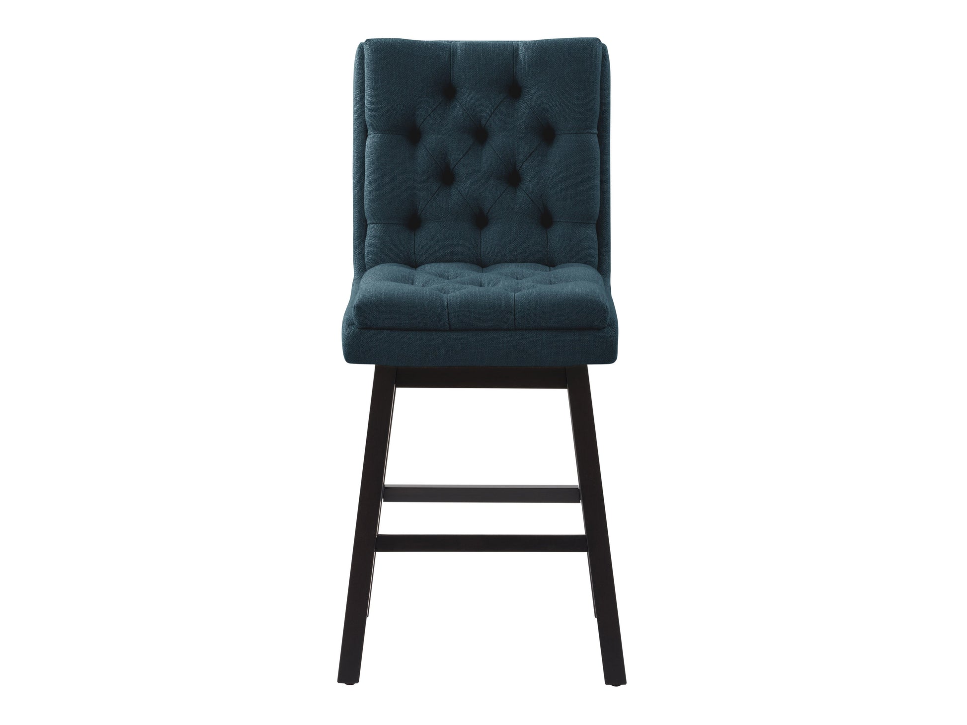 Blue button-tufted bar stools with wooden legs, upholstered in plush velvet fabric. Features a high backrest, comfortable cushioning, and a sleek, modern design perfect for kitchen islands or home bars.