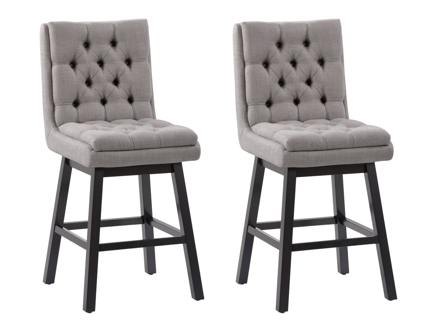 Light grey button tufted bar stool with wooden legs, featuring plush upholstery, elegant button detailing, and a comfortable footrest. Ideal for modern kitchens and home bars.
