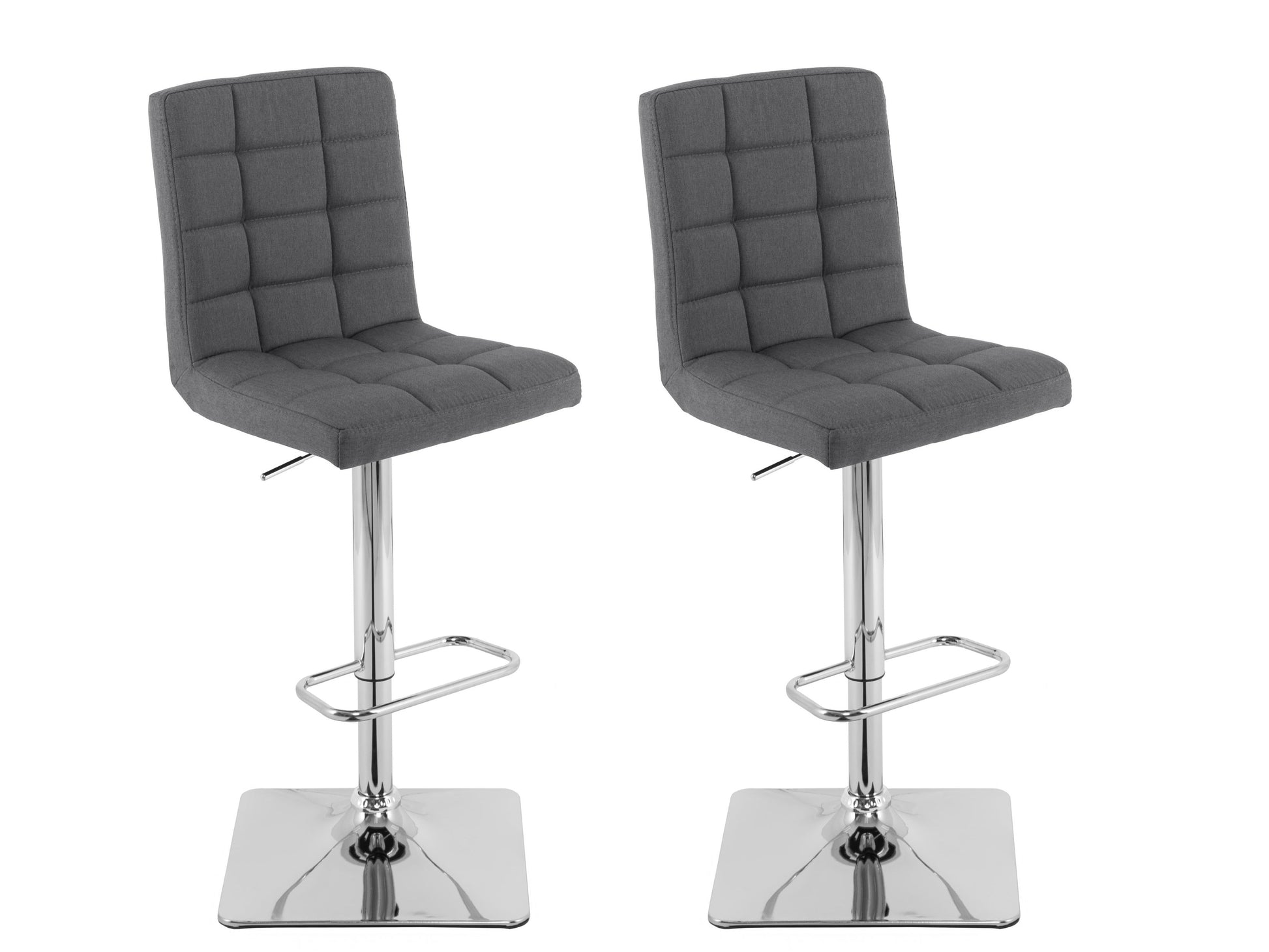 Grey high back bar stools set of 2 with cushioned seats, sleek chrome legs, and footrests. Upholstered in soft grey fabric with a modern design, perfect for kitchen islands and home bars.