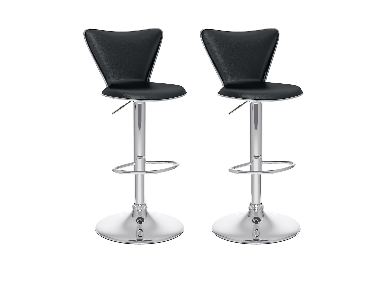 Black swivel bar stools set of 2, featuring cushioned seats, sleek metal legs, and footrests, perfect for modern kitchens or home bars. Durable faux leather upholstery with a contemporary design.