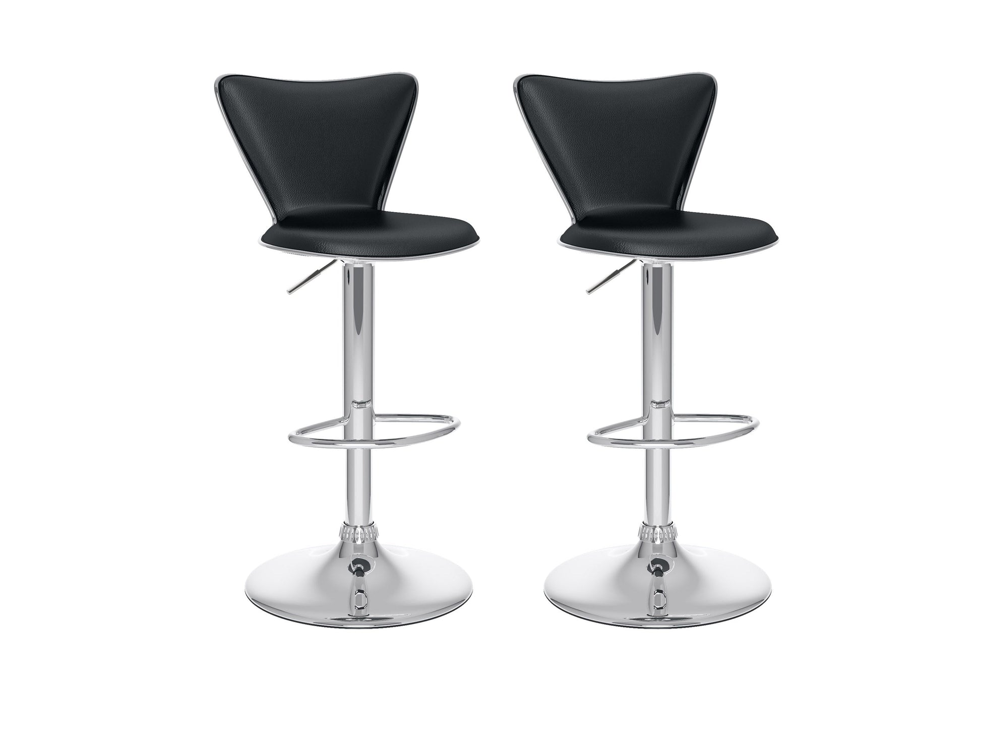 Black swivel bar stools set of 2, featuring cushioned seats, sleek metal legs, and footrests, perfect for modern kitchens or home bars. Durable faux leather upholstery with a contemporary design.