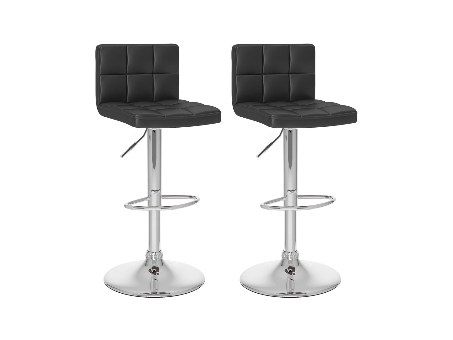 Black swivel bar stools set of 2, featuring cushioned seats, sleek metal legs, and footrests, perfect for modern kitchens or home bars. Durable faux leather upholstery with a contemporary design.